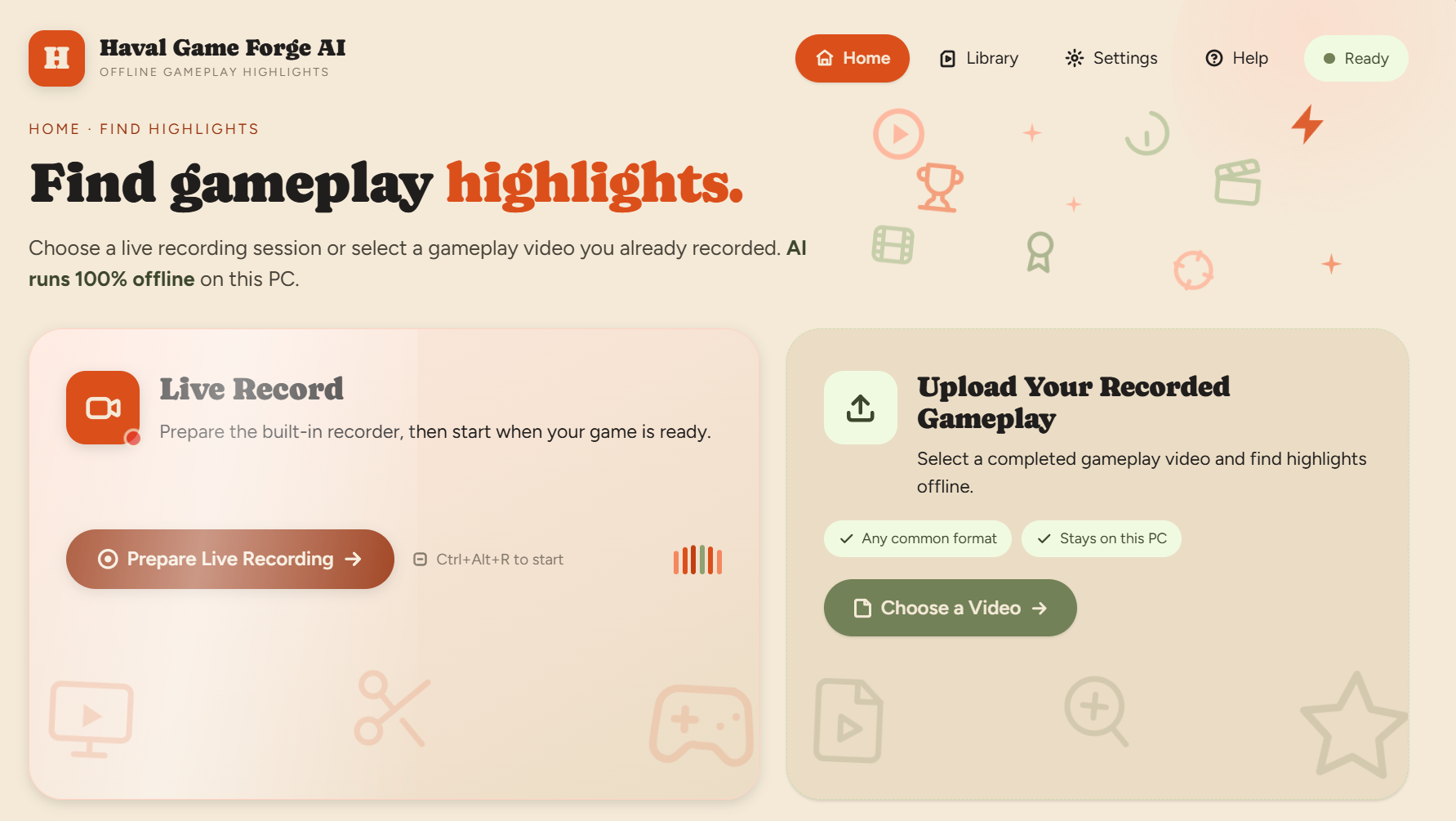 Haval Game Forge AI home screen with Live Record and Upload Gameplay options