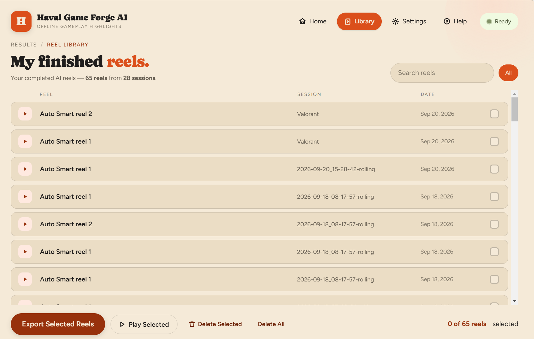 Highlight Library with completed reels and selection controls