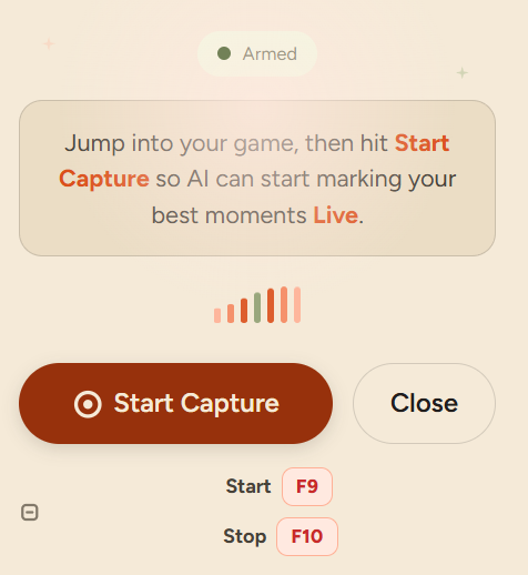Live capture armed popup with Start Capture and recording shortcuts
