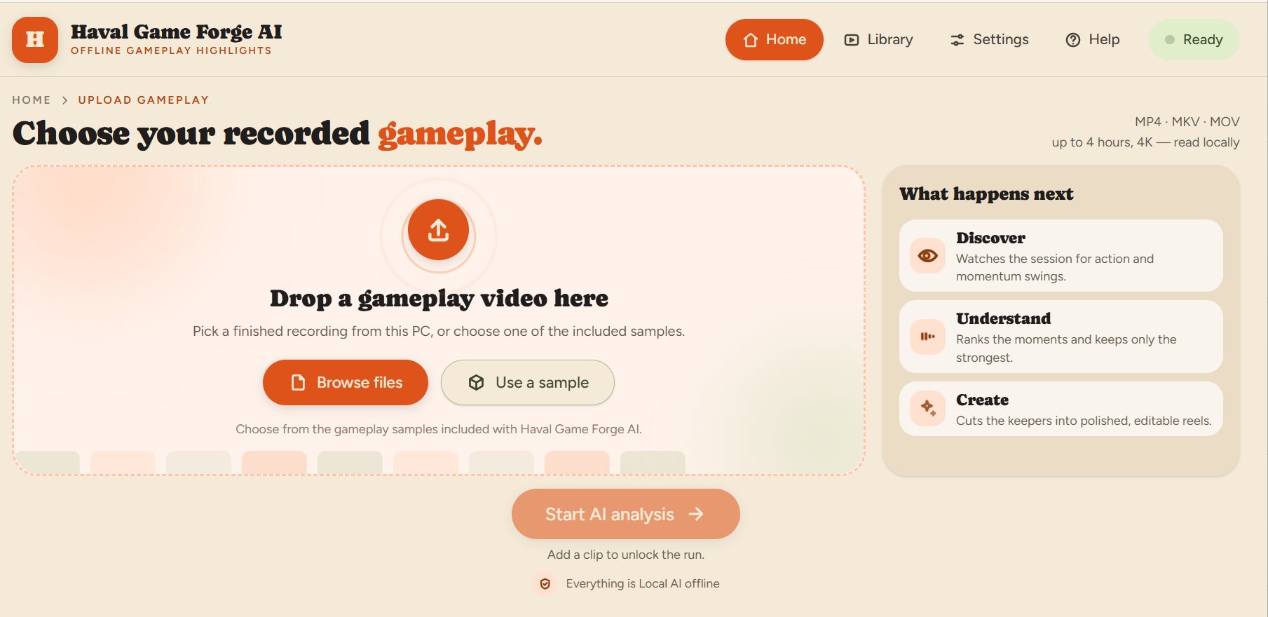 Upload Gameplay screen with a selected recording and Start AI Analysis button