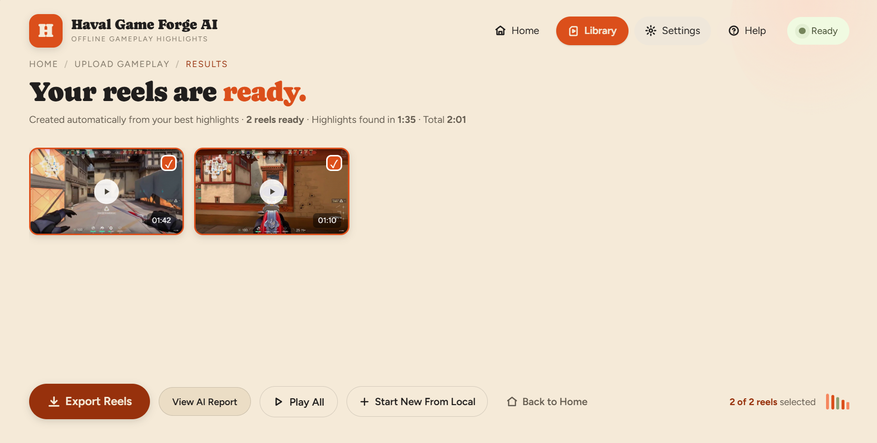 Highlight Results screen with generated reels and export controls