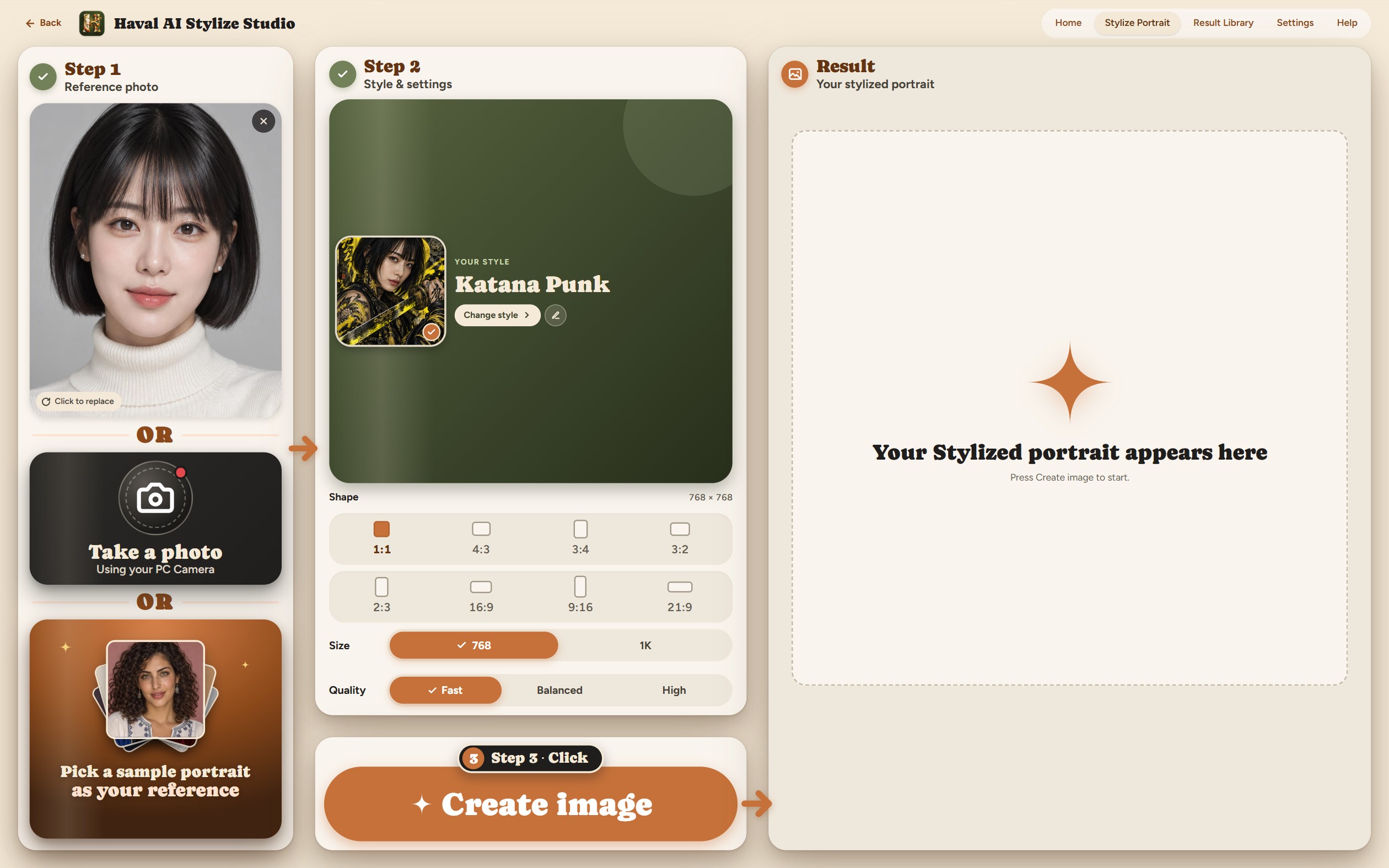 Shape choices, Size presets and Quality presets highlighted in the real interface.
