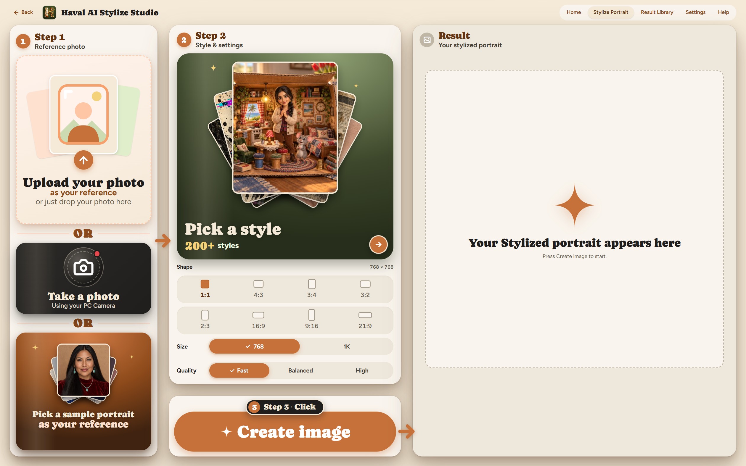 Upload a photo, choose a sample portrait, or take a photo with your camera.