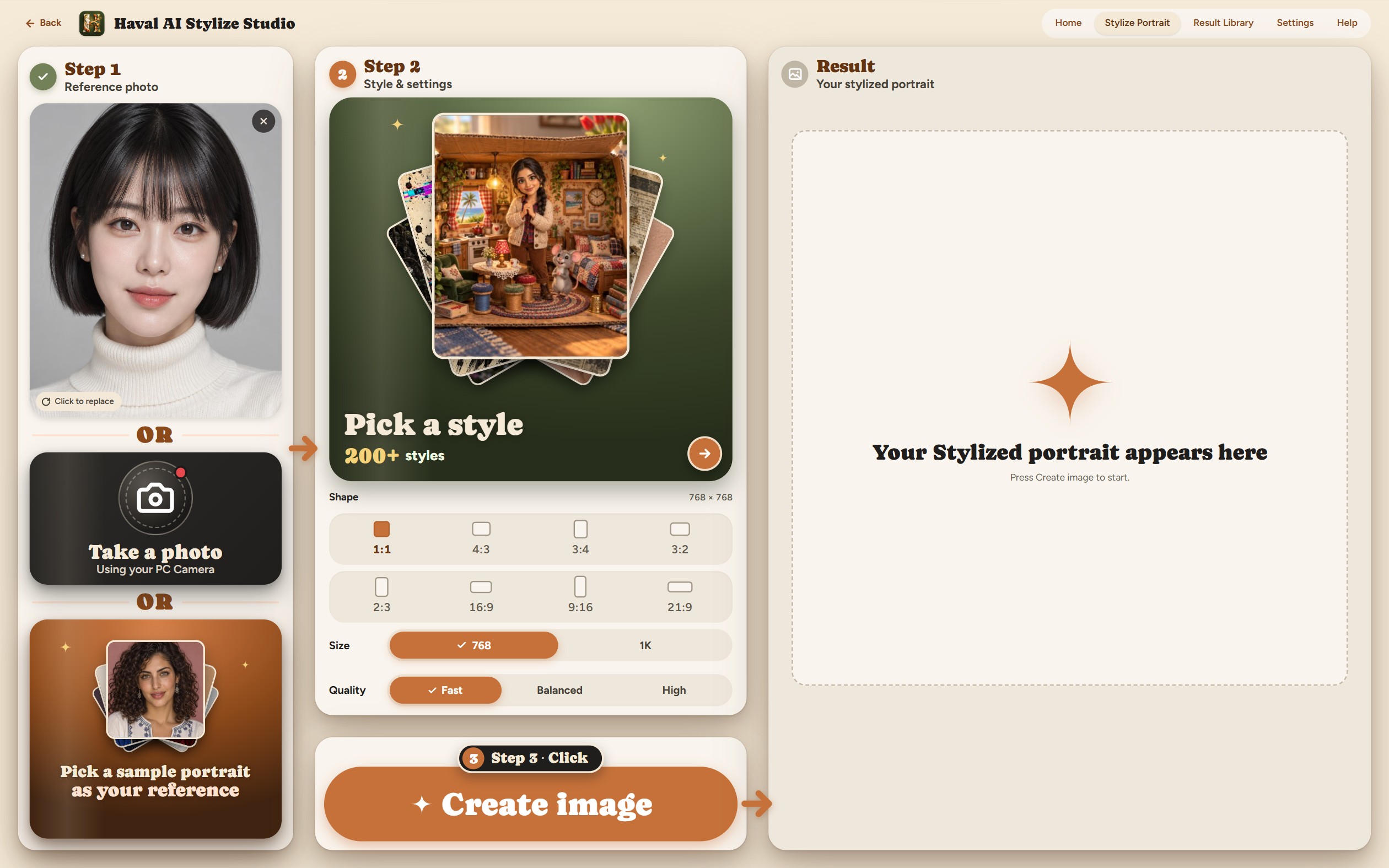 One selected reference: click its thumbnail to replace it, use the sample button, or remove it with ×.