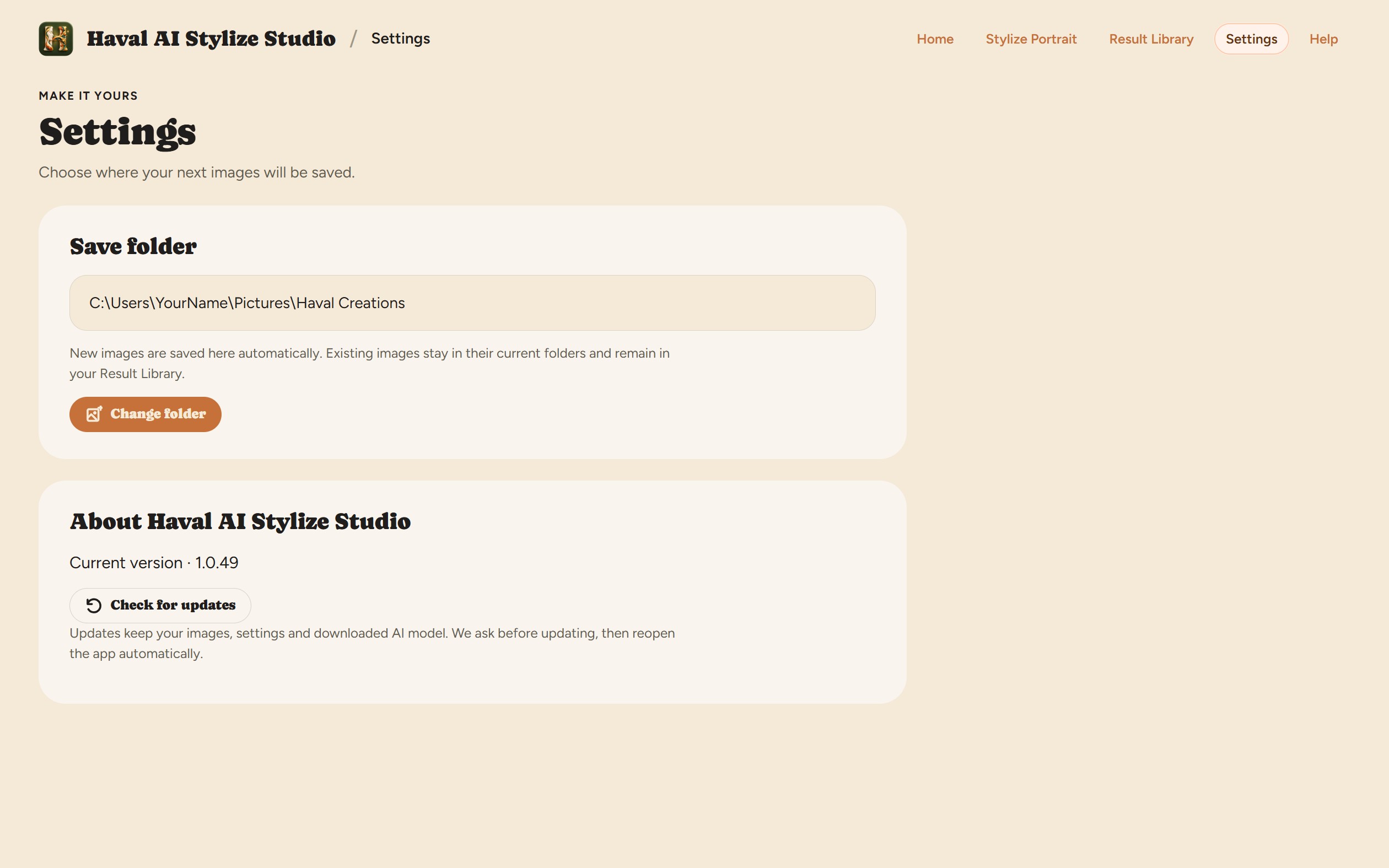 Settings page: Save folder and About/version cards highlighted.