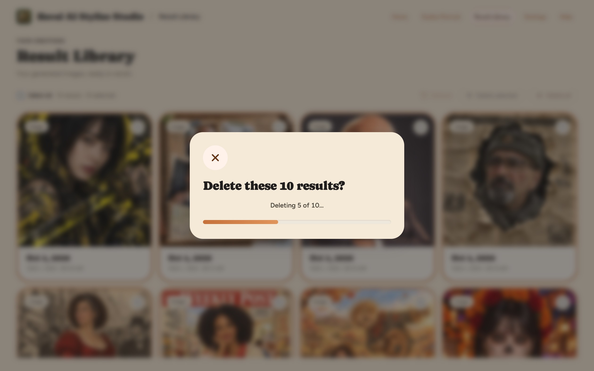 Deleting in progress: the bar and count show how many results are done.
