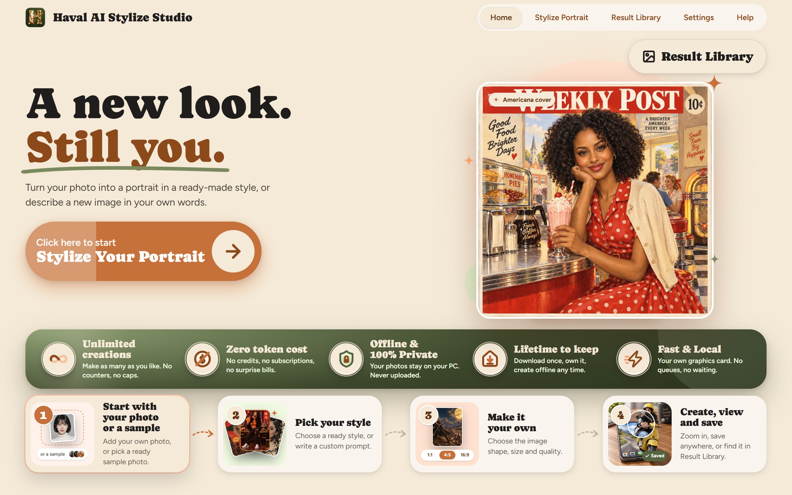 Current Home page: the Stylize Portrait menu and orange button are highlighted.