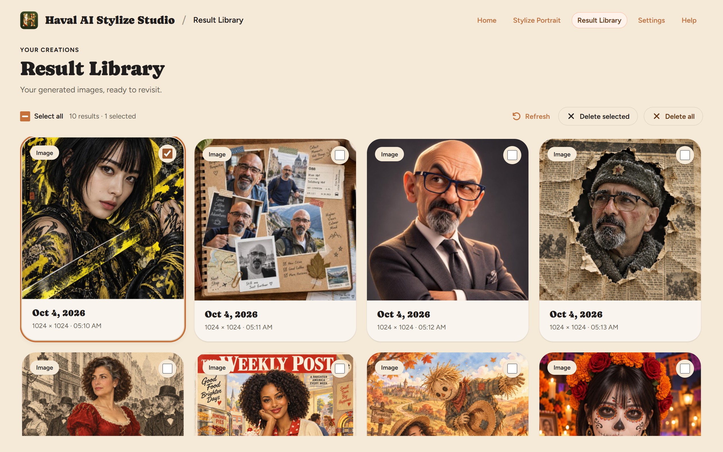 Image history grid, selection checkbox and Library toolbar.