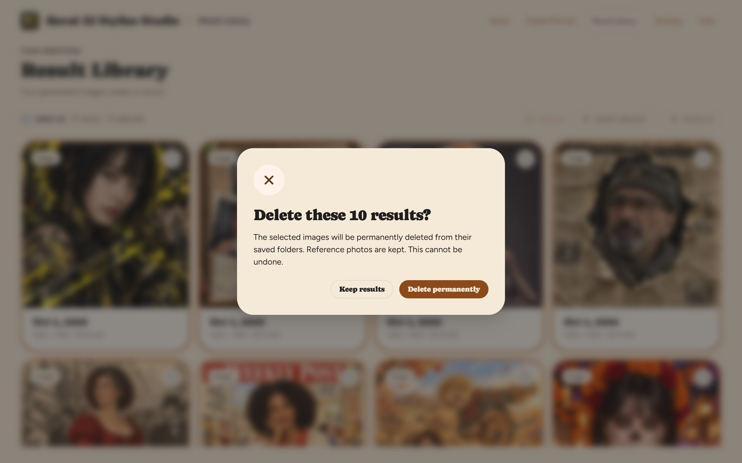 In-app deletion confirmation with Keep results and Delete permanently.