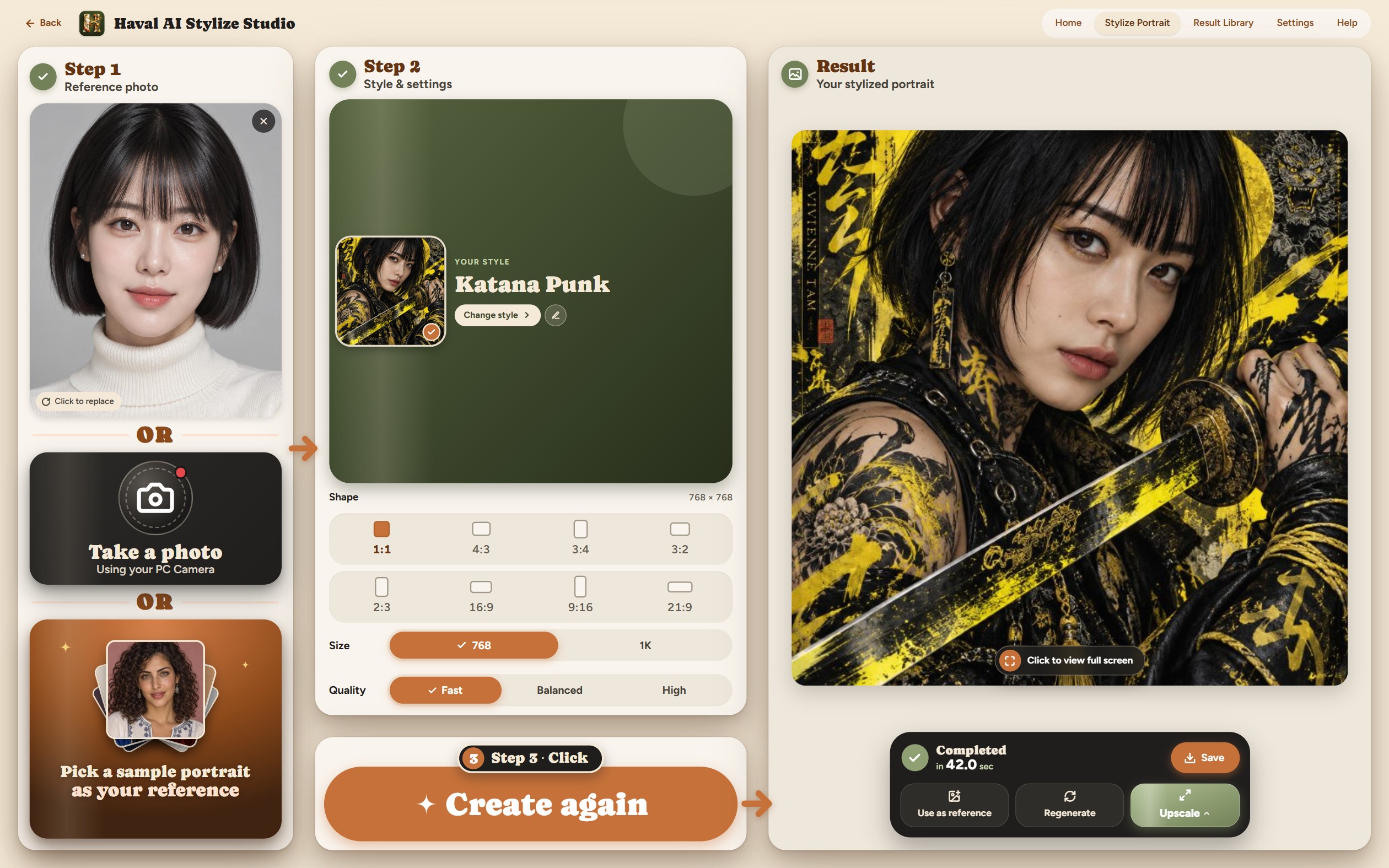 Finished image and the Upscale, Save, Again and Use as reference actions.