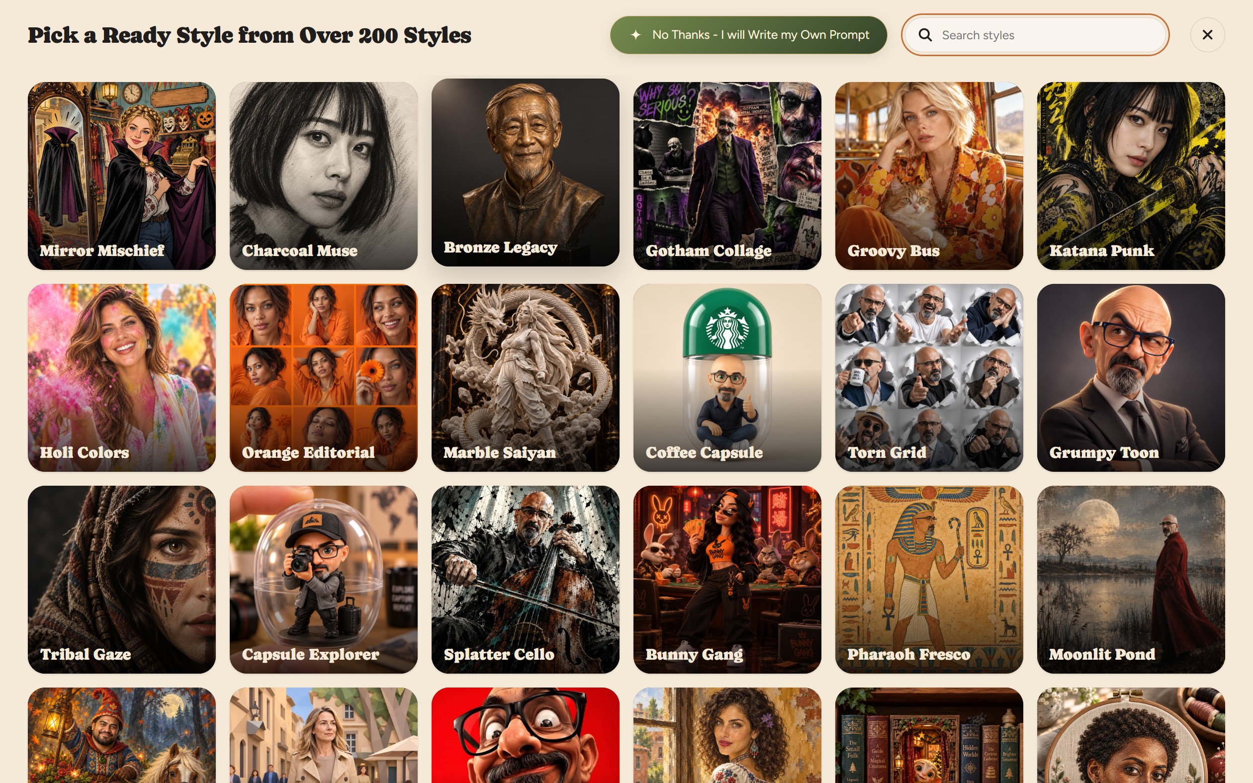 The real style grid, with the search field and a style card highlighted.