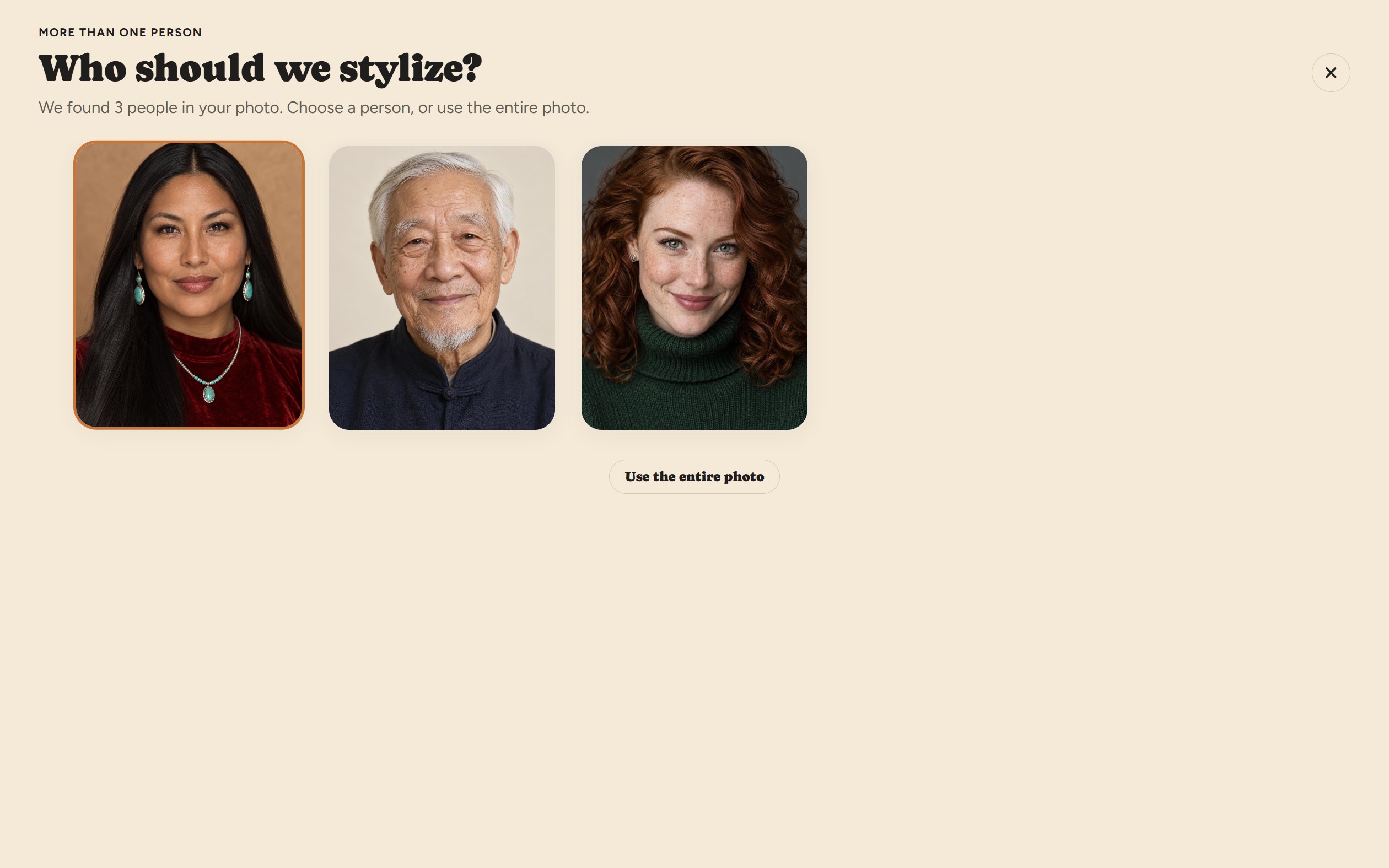 A photo with three people: tap the person to stylize, or use the entire photo.