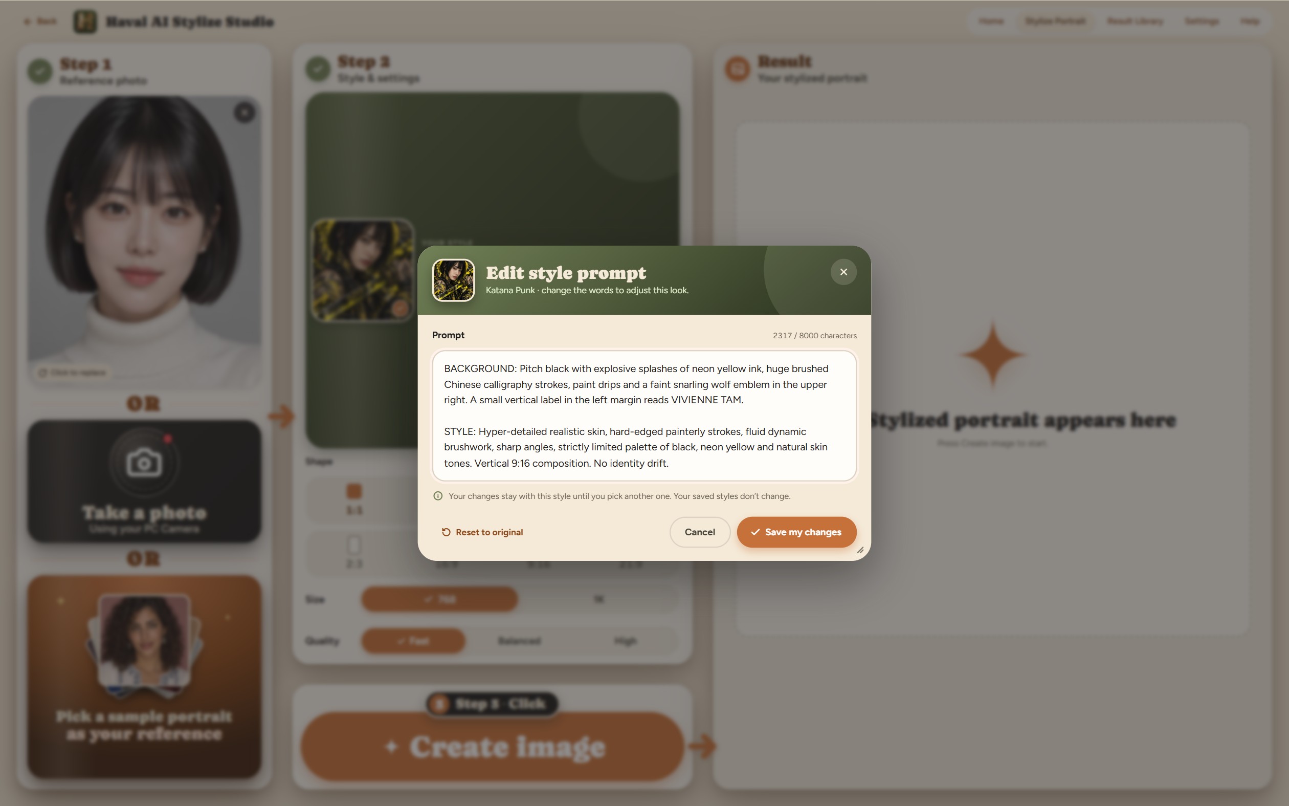 The prompt editor with Reset to original and Save my changes.