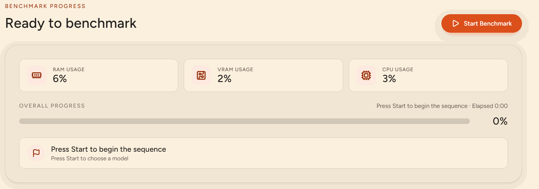 Benchmark tab ready to start