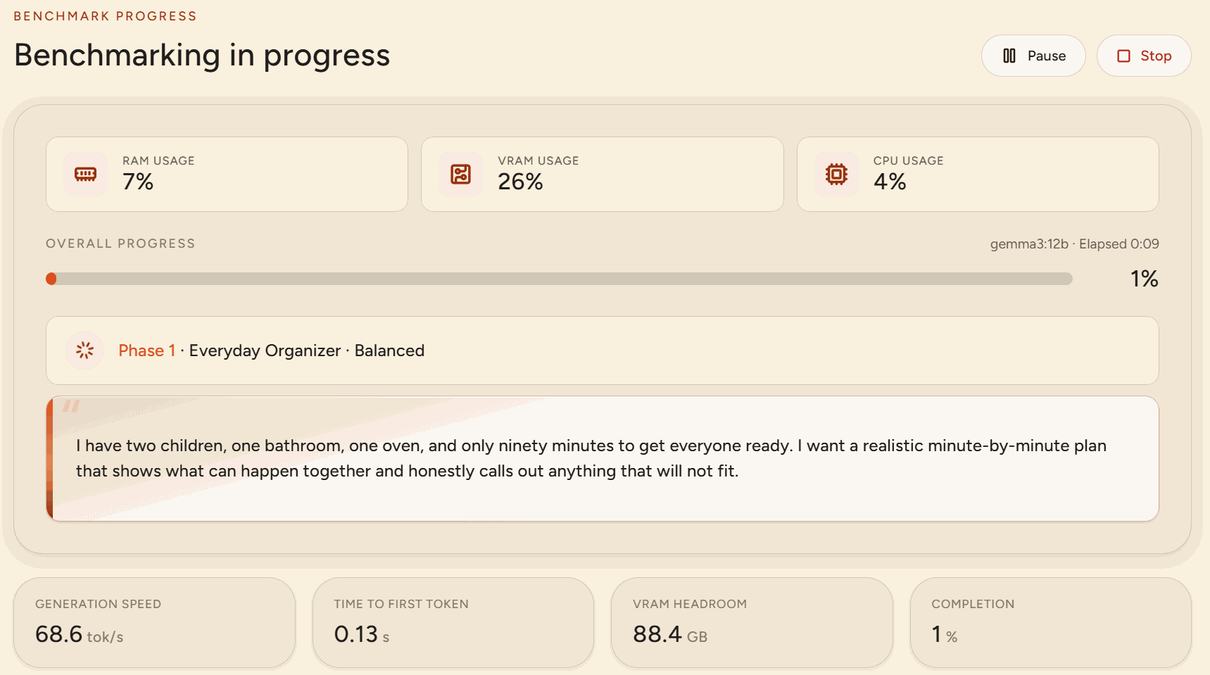 Benchmark in progress with Pause and Stop