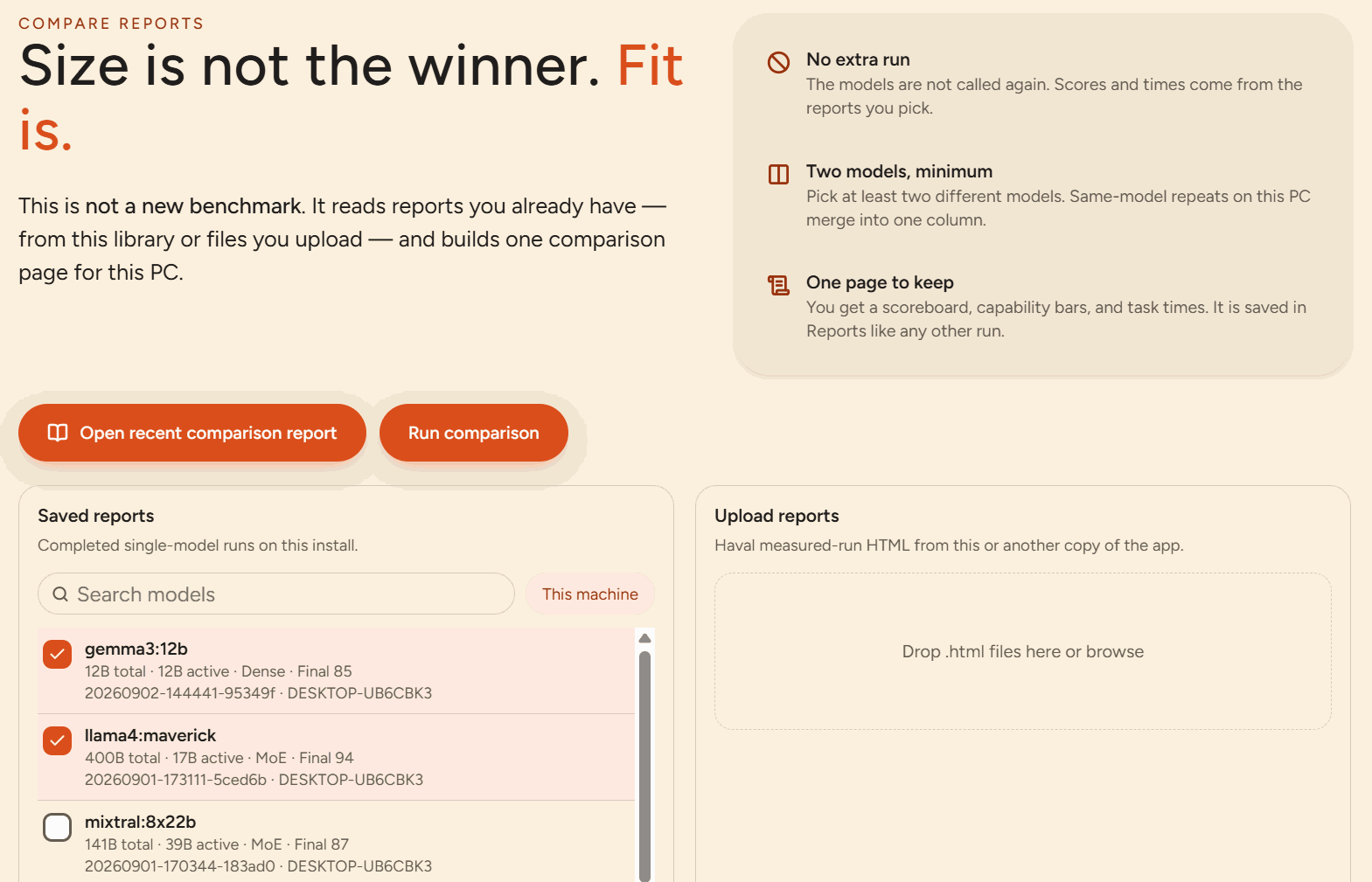 Compare screen with saved reports to tick