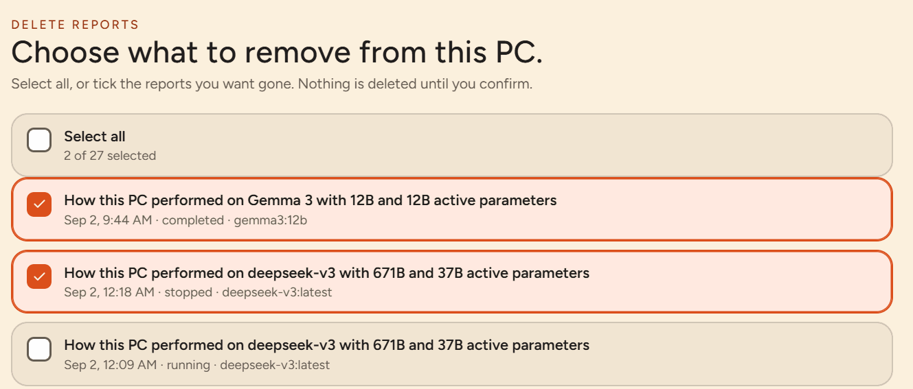 Delete reports picker with tick boxes
